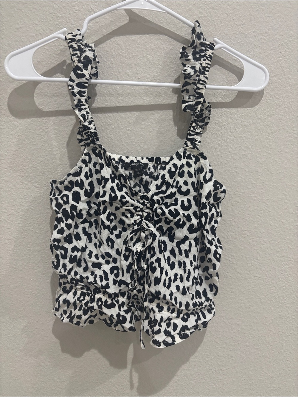 Express Black & White Leopard-Print Ruffle Strap Tank